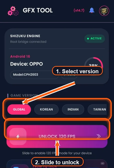 GFX Tool screen with Global selected and Unlock 120 FPS highlighted