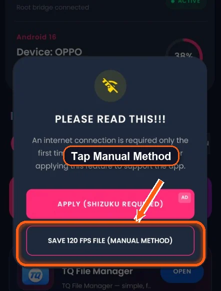 Popup with Save 120 FPS File Manual Method highlighted