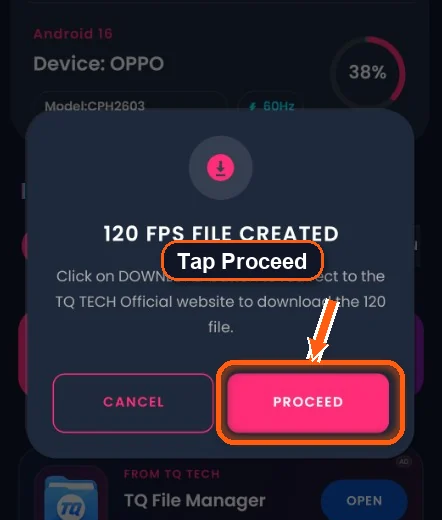 120 FPS file created popup with Proceed highlighted