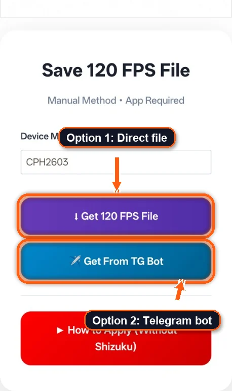 Download page with Get 120 FPS File and Get From TG Bot highlighted