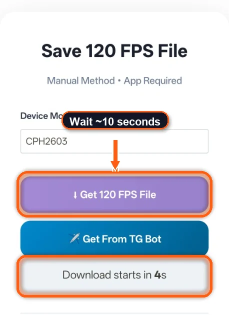 Download page waiting about 10 seconds for the 120 FPS file