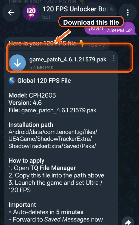 Telegram bot message with the 120 FPS pak file highlighted
