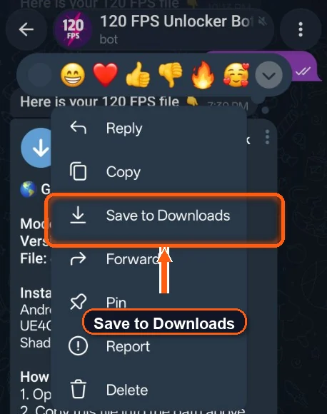 Telegram menu with Save to Downloads highlighted