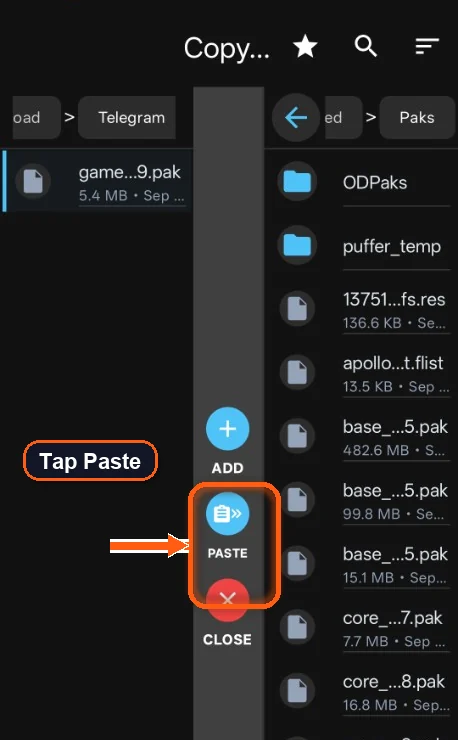 TQ File Manager paste action highlighted in the Paks folder