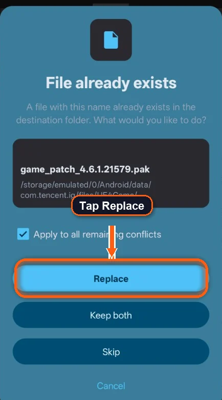 File already exists dialog with Replace highlighted